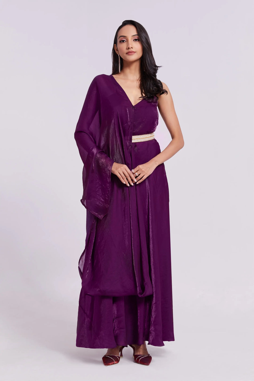 Wine Pure Organza Gown With Dupatta - qivii