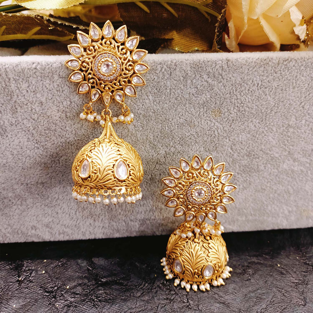 Gold Plated Kundan Jhumki Earrings with White Stone Detailing for Women