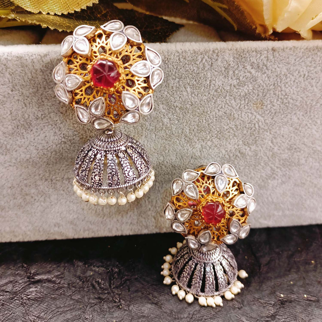  Stunning Kundan and red stones jhumkis with pearl accents 