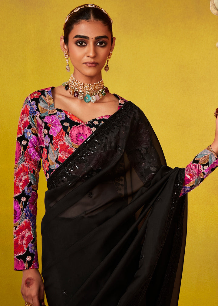 Ink Black Glass Tissue Silk Saree With Sequins And Thread Embroidered Work - qivii