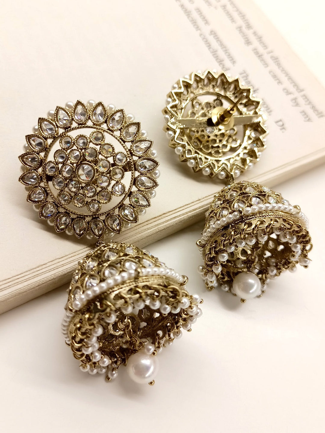 Beautiful Polki Jhumki Earrings with Stunning Antique Gold Plated Brass Metal