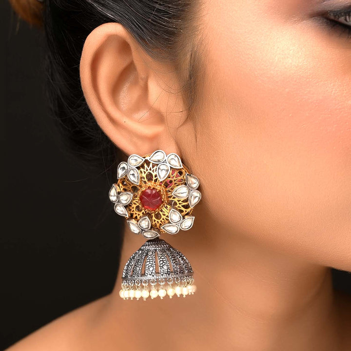  Elegant two tone polish boutique earrings with red stones 