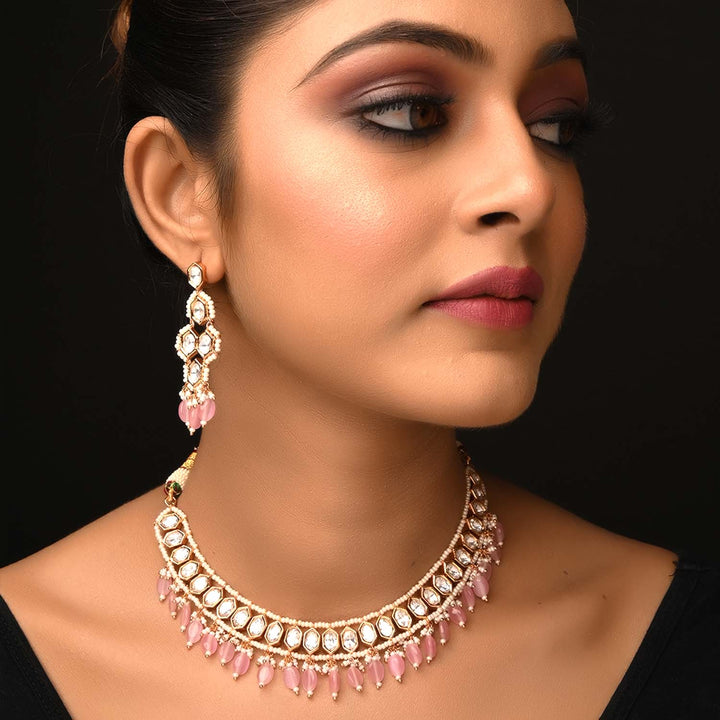 Raihana Baby Pink Diamond Gold Plated Kundan Set necklace with handmade khakha moti work and small pearl beads 