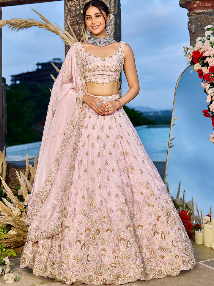 Pink - Tissue Fabric Beads & Sequince Embroidered Ready to Wear Lehenga Choli & Dupatta