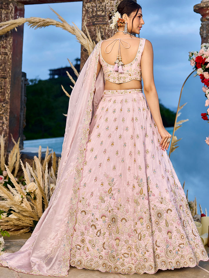 Pink - Tissue Fabric Beads & Sequince Embroidered Ready to Wear Lehenga Choli & Dupatta