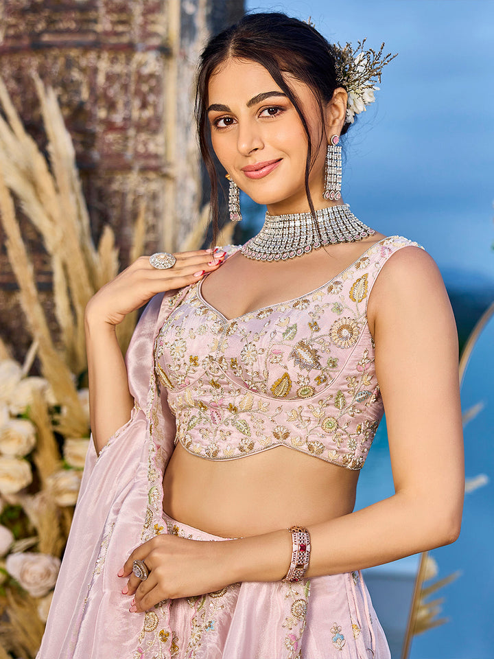 Pink - Tissue Fabric Beads & Sequince Embroidered Ready to Wear Lehenga Choli & Dupatta