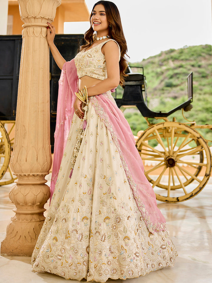 Cream - Tissue Fabric Beads & Sequince Embroidered Ready to Wear Lehenga Choli & Dupatta