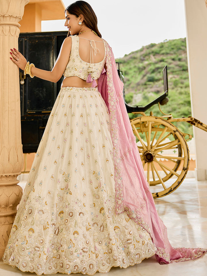 Cream - Tissue Fabric Beads & Sequince Embroidered Ready to Wear Lehenga Choli & Dupatta