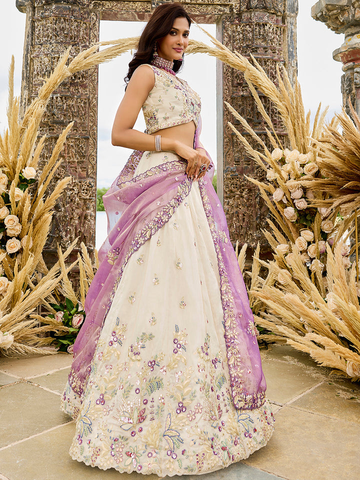 Purple Tissue Fabric Sequins Thread & Embroidery Ready to Wear Lehenga Choli & Dupatta