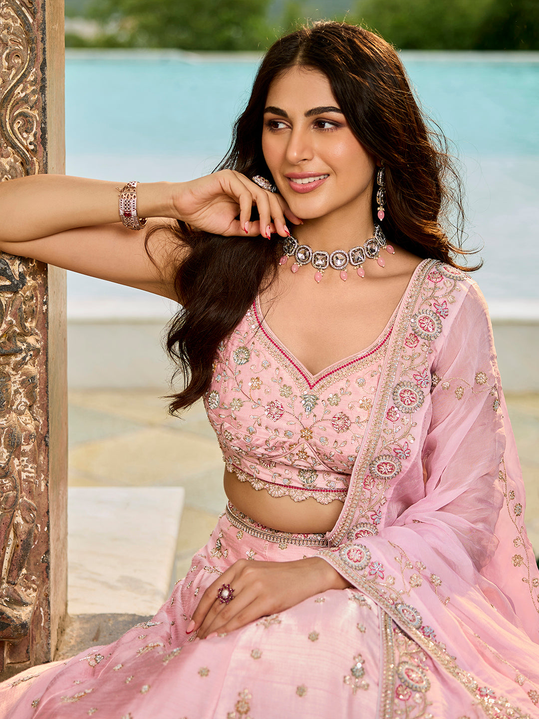 Pink - Silk Fabric Beads & Sequince Embroidered Ready to Wear Lehenga Choli & Dupatta