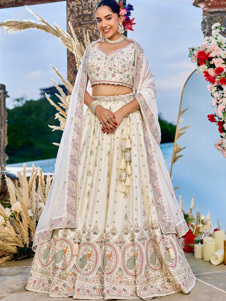 Cream - Silk Fabric Beads & Sequince Embroidered Ready to Wear Lehenga Choli & Dupatta