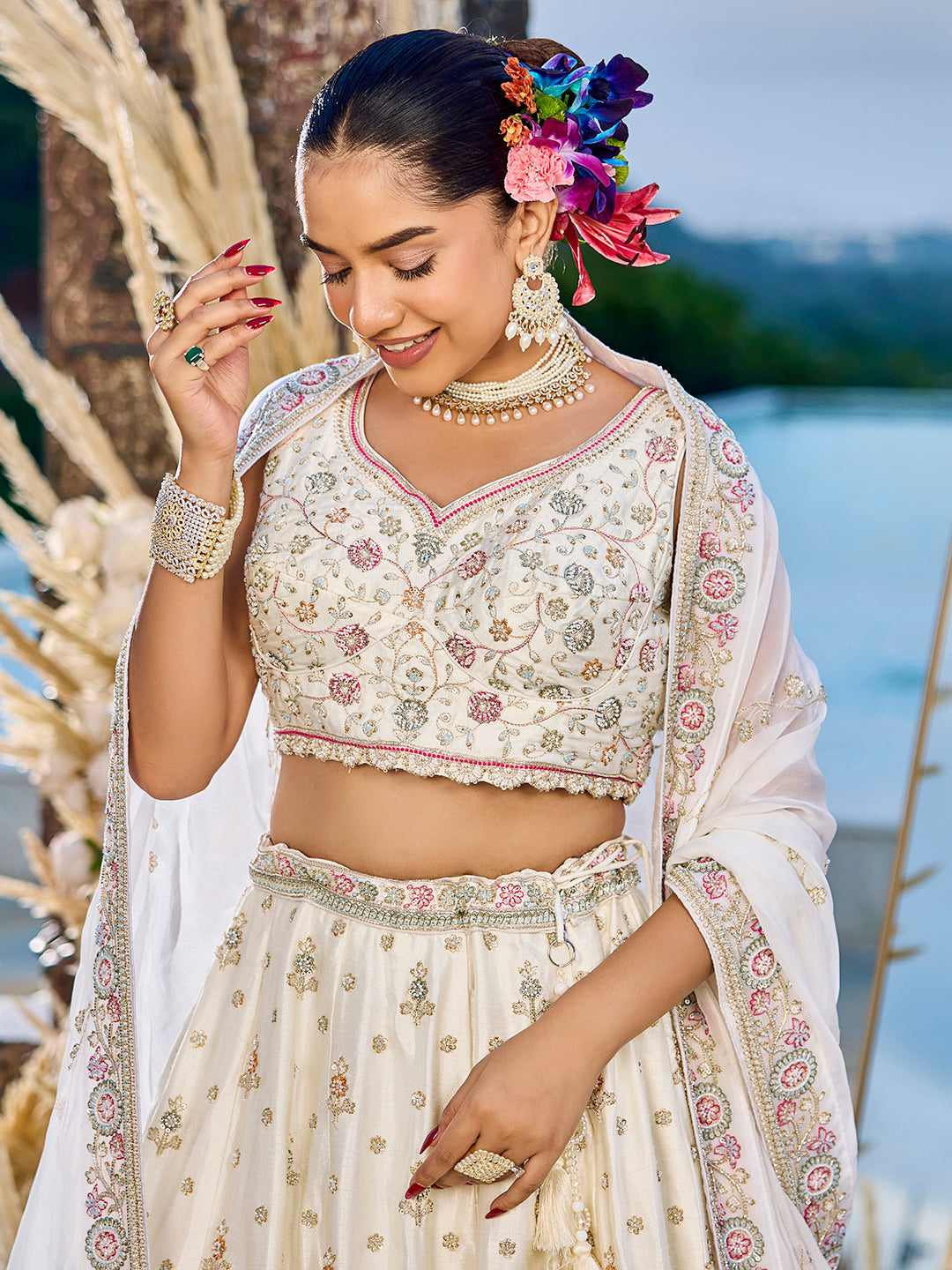 Cream - Silk Fabric Beads & Sequince Embroidered Ready to Wear Lehenga Choli & Dupatta