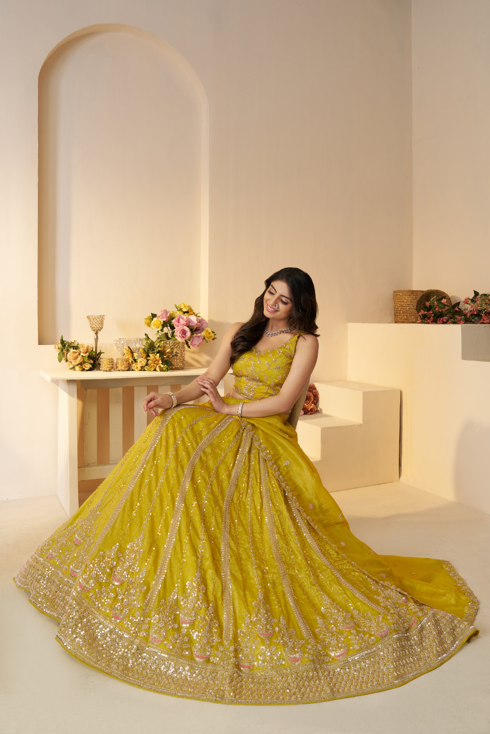 Haldi Ceremony Lehenga with Sequin and Cut Dana Work - qivii