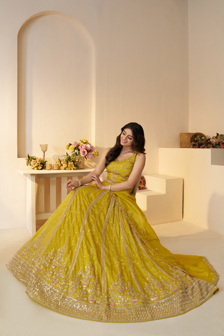 Haldi Ceremony Lehenga with Sequin and Cut Dana Work - qivii