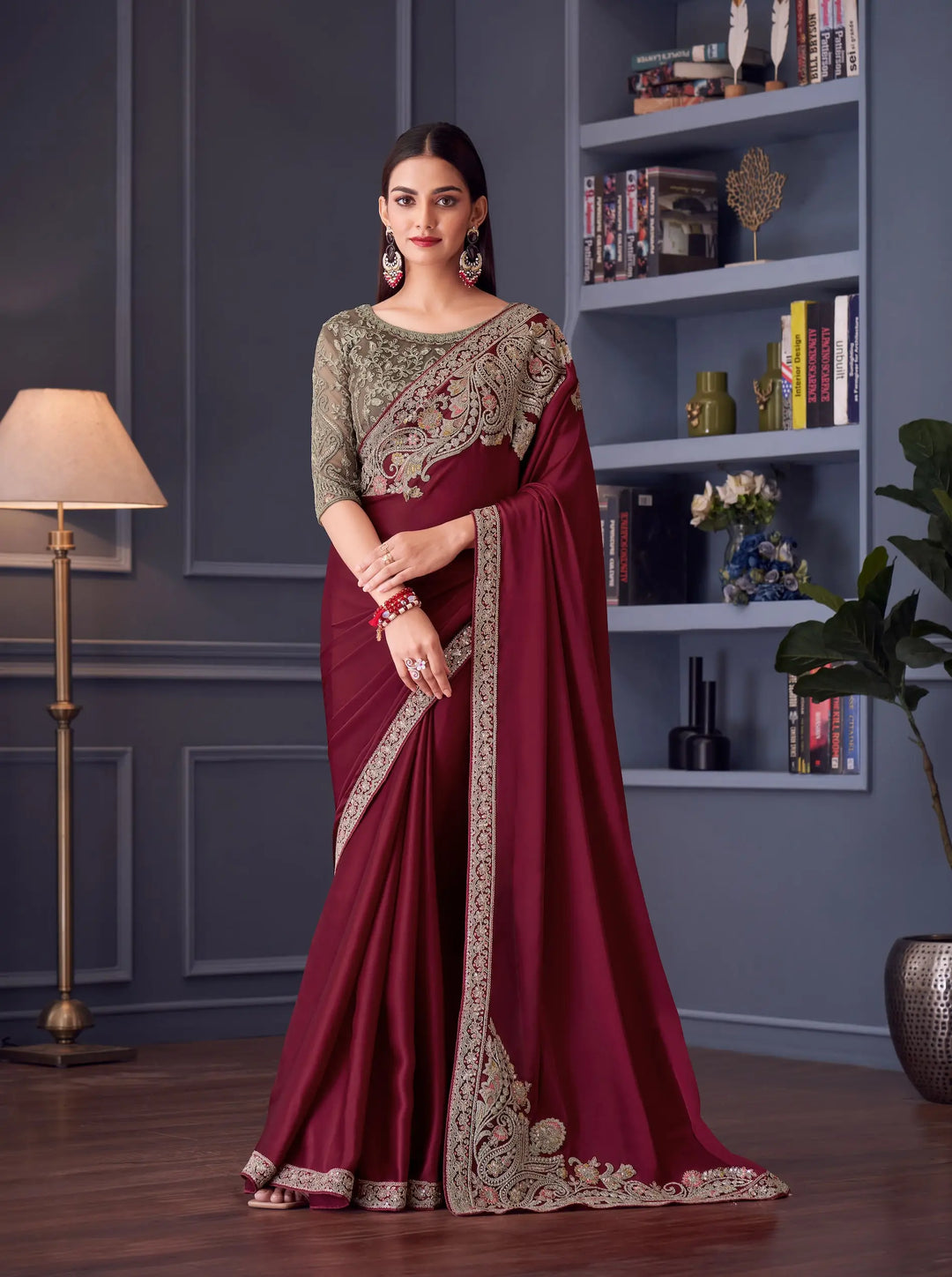 Maroon Satin Silk Party Wear Saree With Thread & Sequins Embroidery Work - qivii