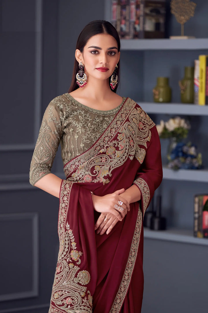 Maroon Satin Silk Party Wear Saree With Thread & Sequins Embroidery Work - qivii