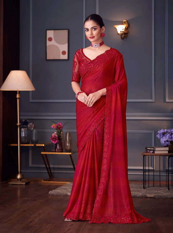 Red Glitter Silk Party Wear Saree With Thread & Sequins Embroidery Work - qivii