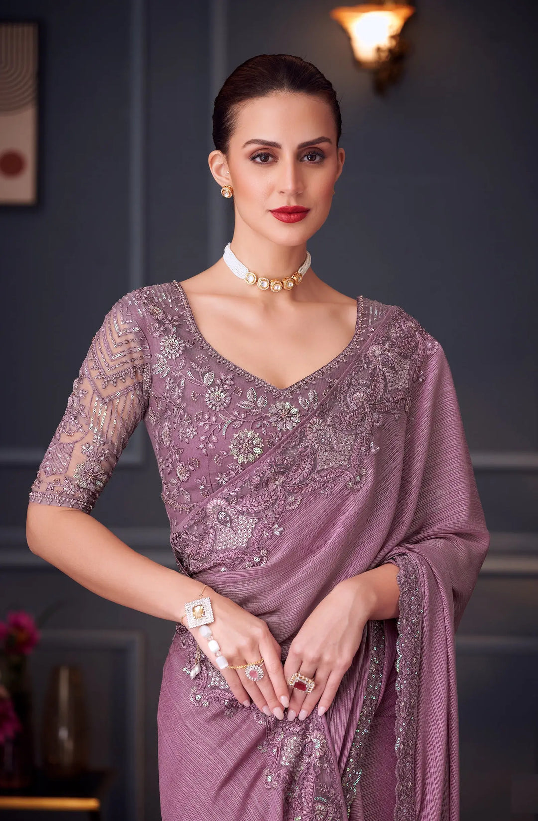 Dusty Pink Rainbow Shimmer Silk Party Wear Saree With Thread & Sequins Embroidery Work - qivii