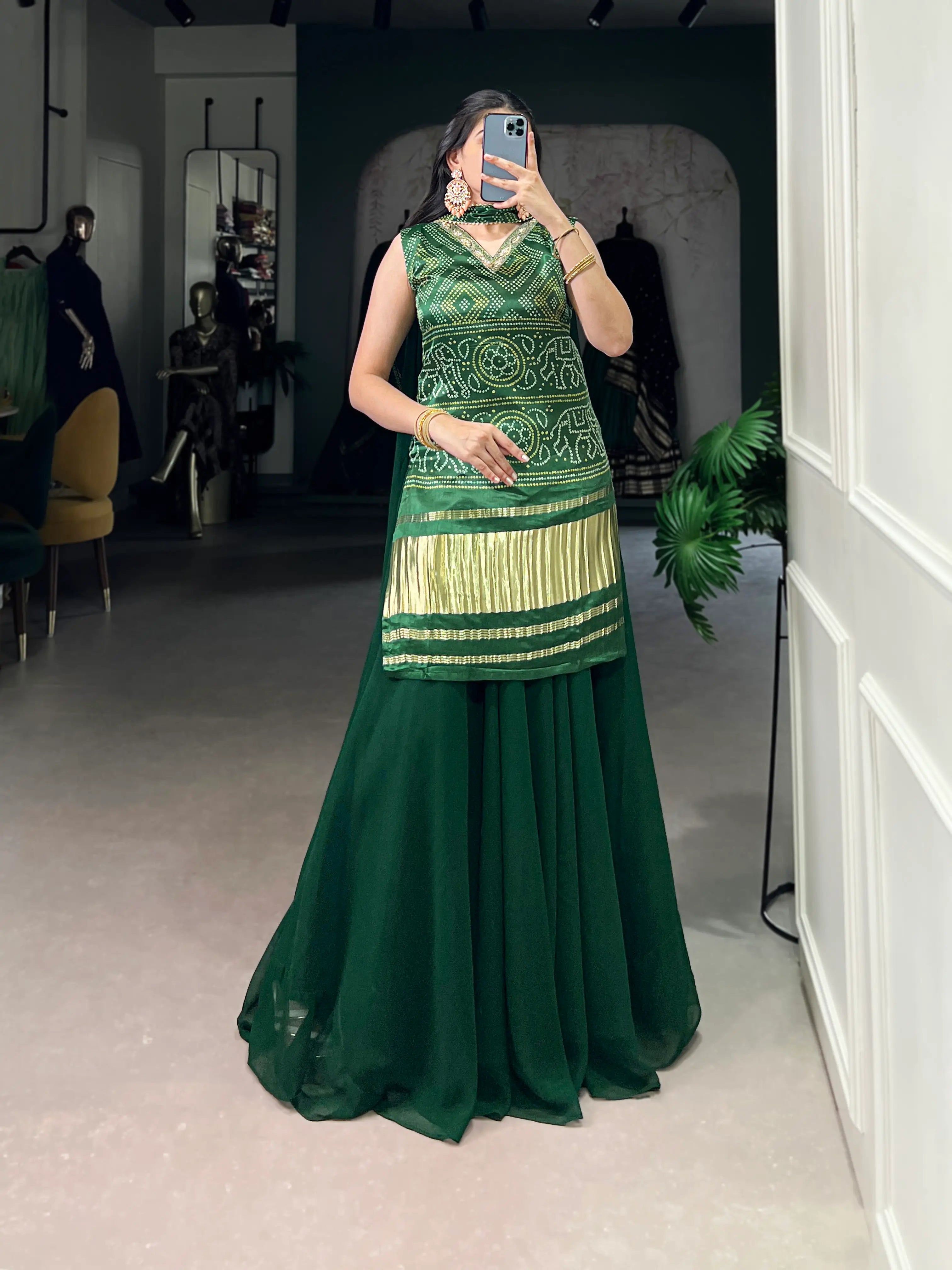Green Gaji Silk Palazzo Salwar Suit With Print & Hand Work