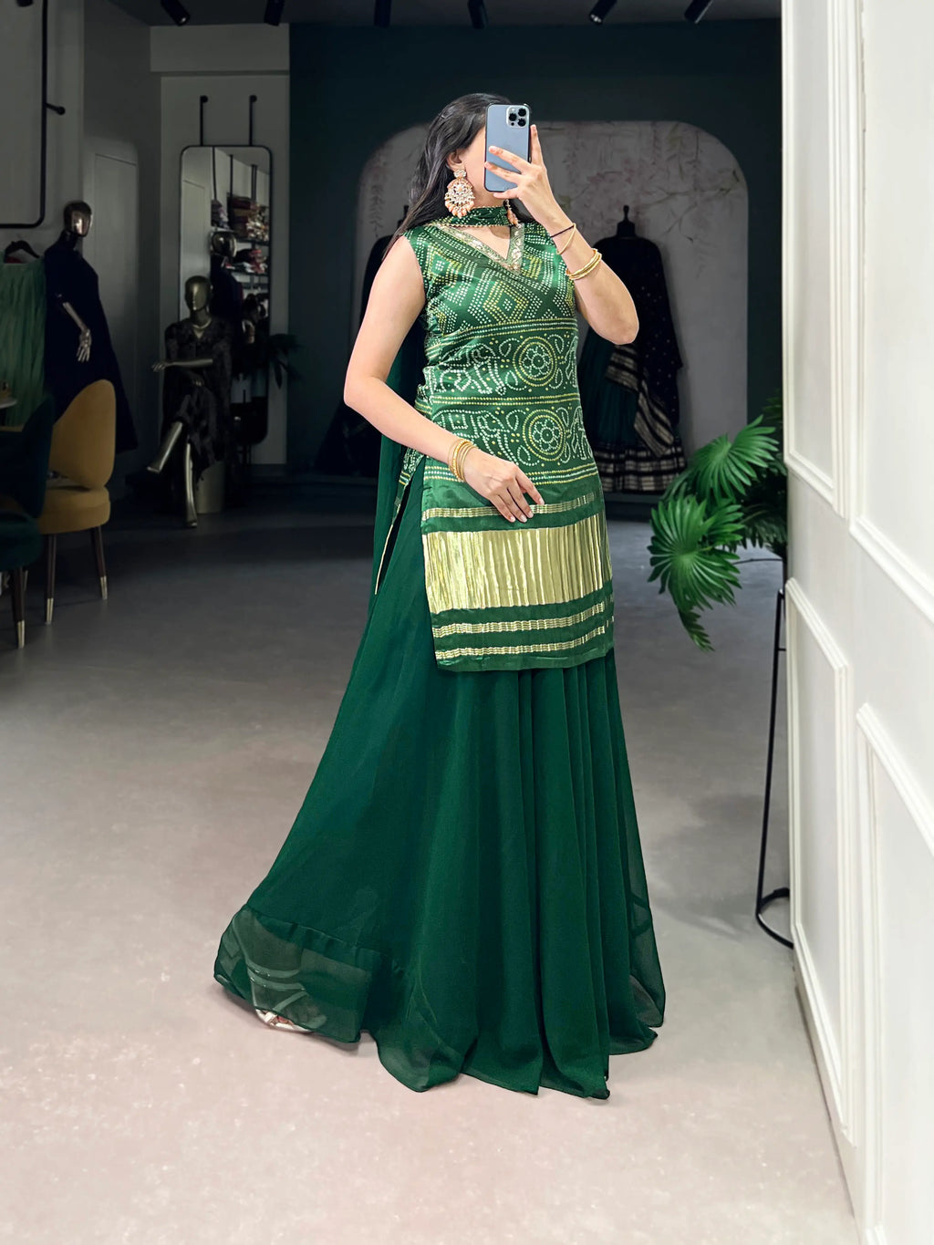 Green Gaji Silk Palazzo Salwar Suit With Print & Hand Work
