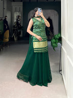 Green Gaji Silk Palazzo Salwar Suit With Print & Hand Work