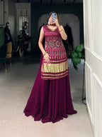 Maroon Gaji Silk Palazzo Salwar Suit With Print & Hand Work