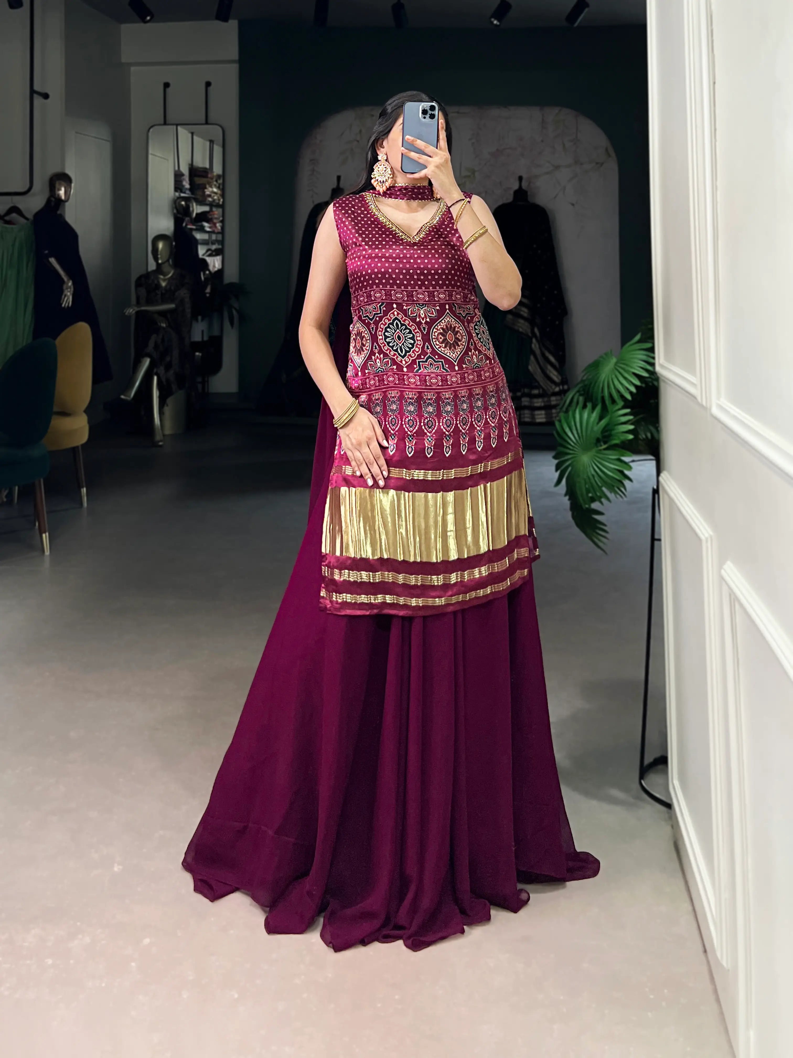Maroon Gaji Silk Palazzo Salwar Suit With Print & Hand Work