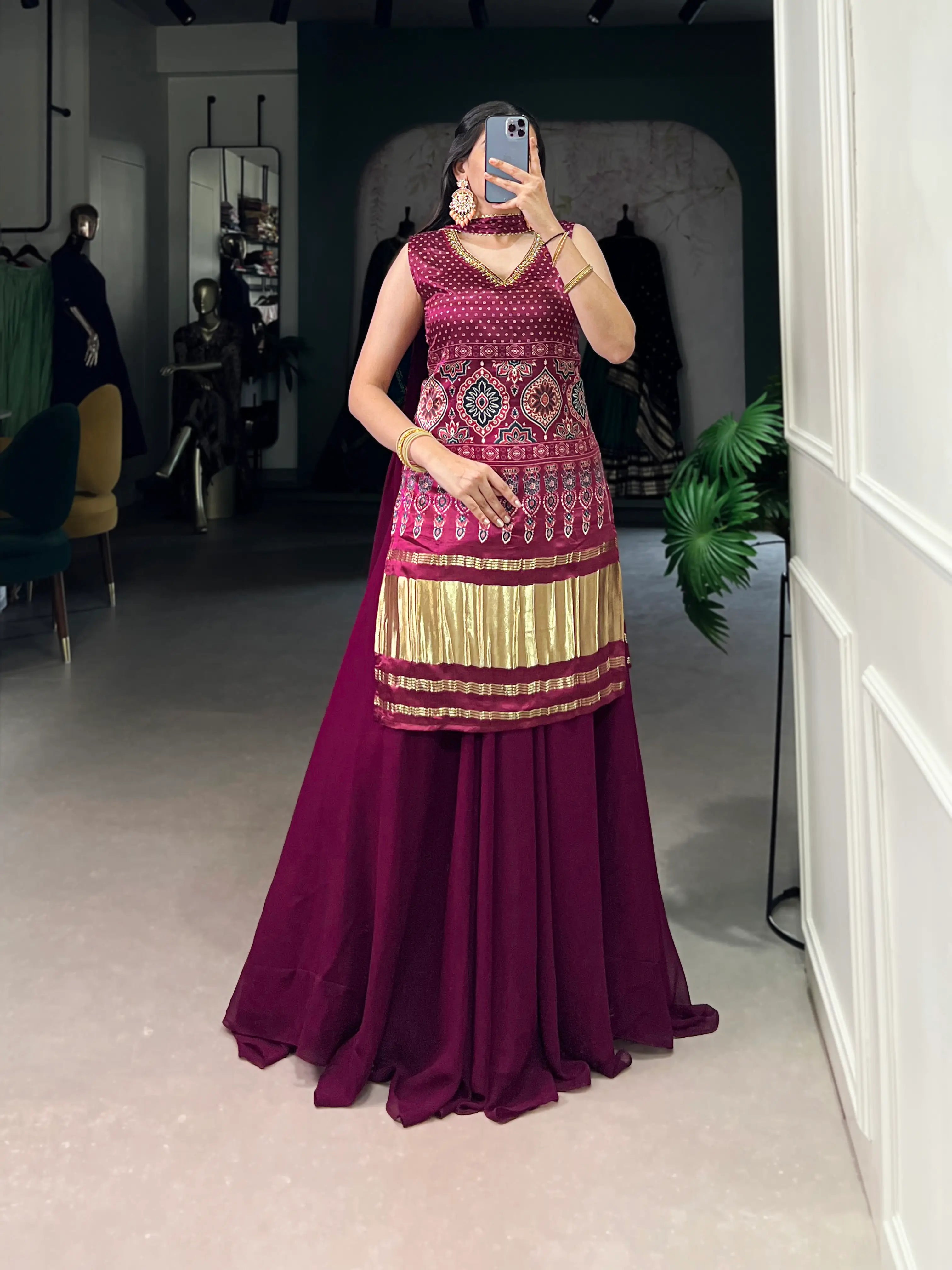 Maroon Gaji Silk Palazzo Salwar Suit With Print & Hand Work
