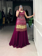 Maroon Gaji Silk Palazzo Salwar Suit With Print & Hand Work