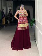 Dark Red Gaji Silk Palazzo Salwar Suit With Print & Hand Work