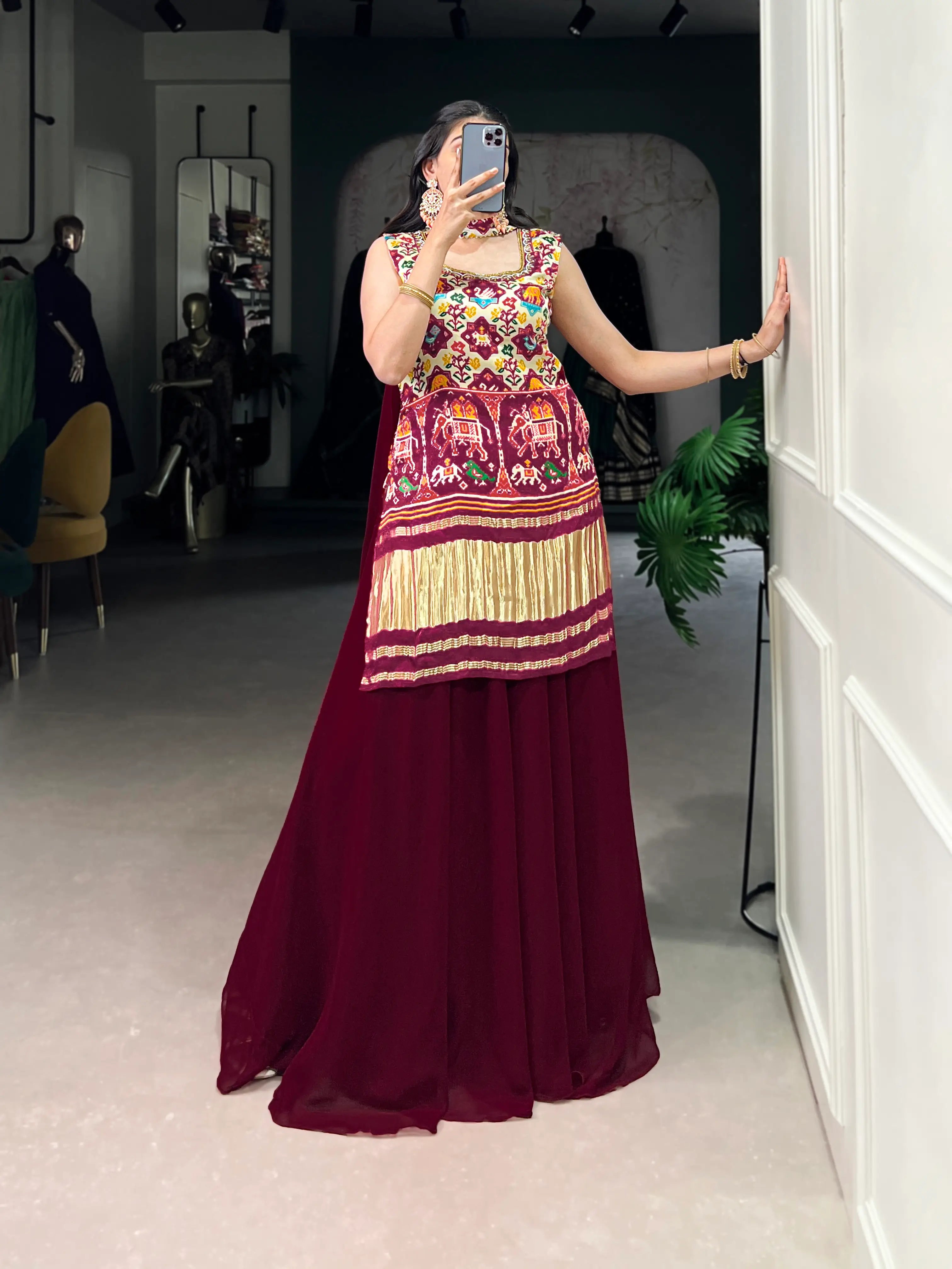 Dark Red Gaji Silk Palazzo Salwar Suit With Print & Hand Work