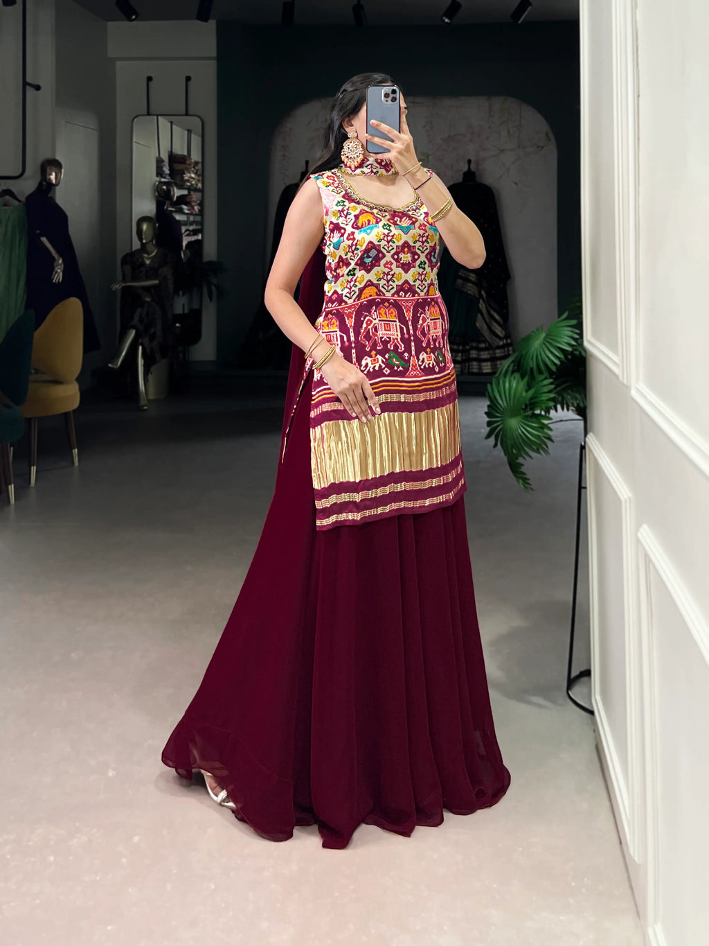 Dark Red Gaji Silk Palazzo Salwar Suit With Print & Hand Work