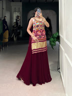 Dark Red Gaji Silk Palazzo Salwar Suit With Print & Hand Work