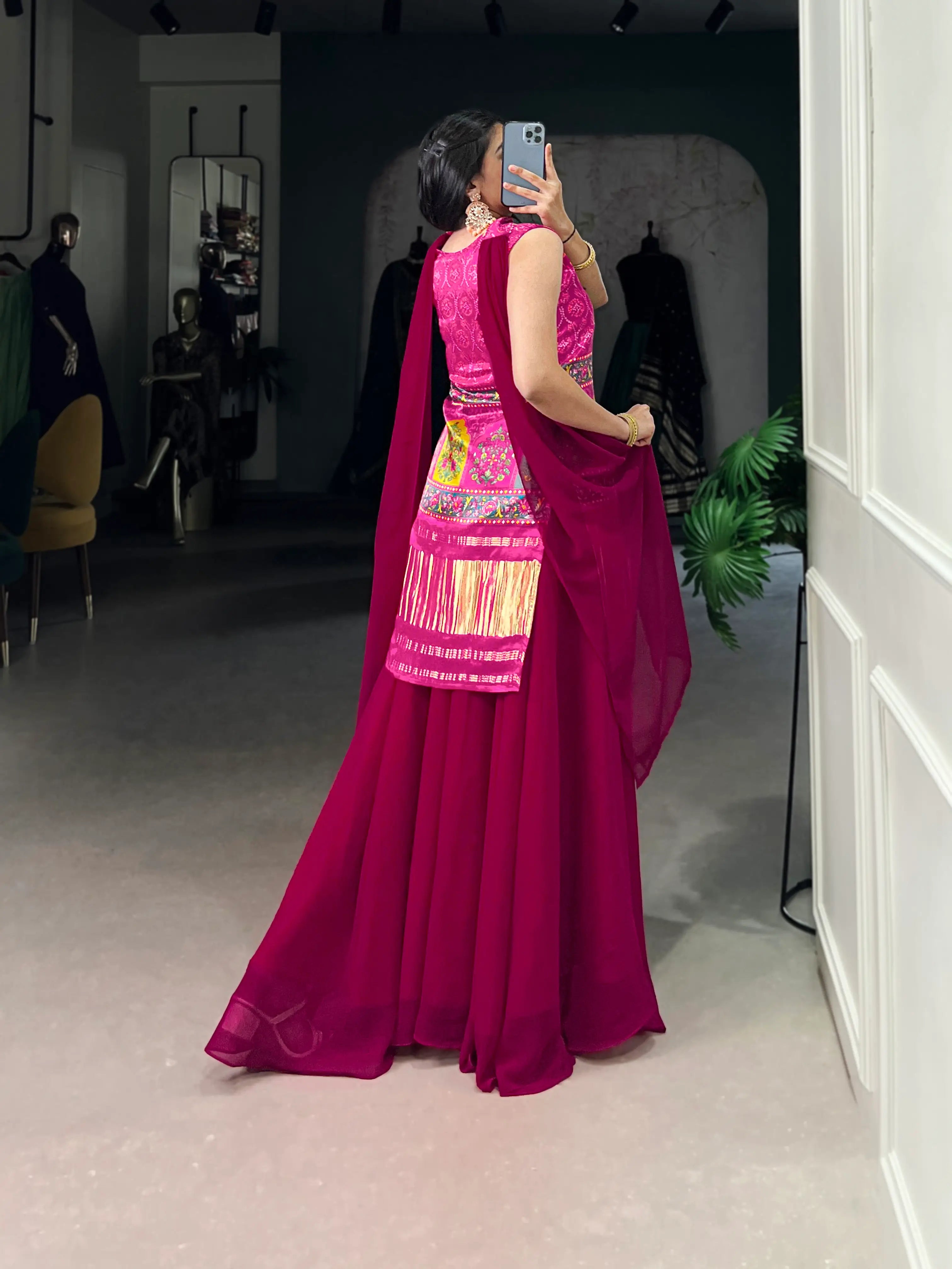 Dark Pink Gaji Silk Palazzo Salwar Suit With Print & Hand Work