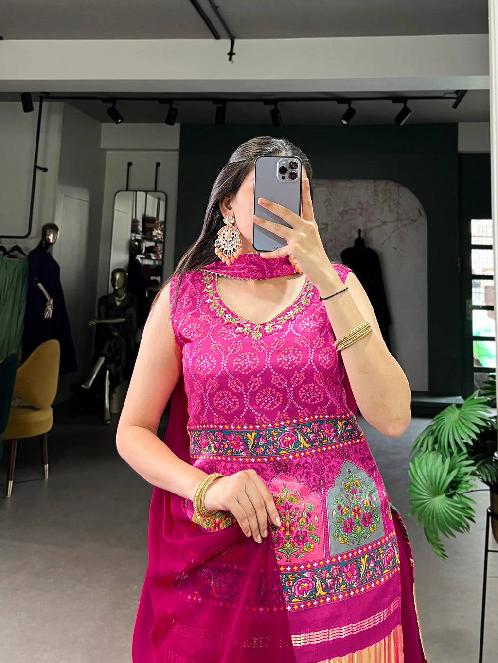 Dark Pink Gaji Silk Palazzo Salwar Suit With Print & Hand Work