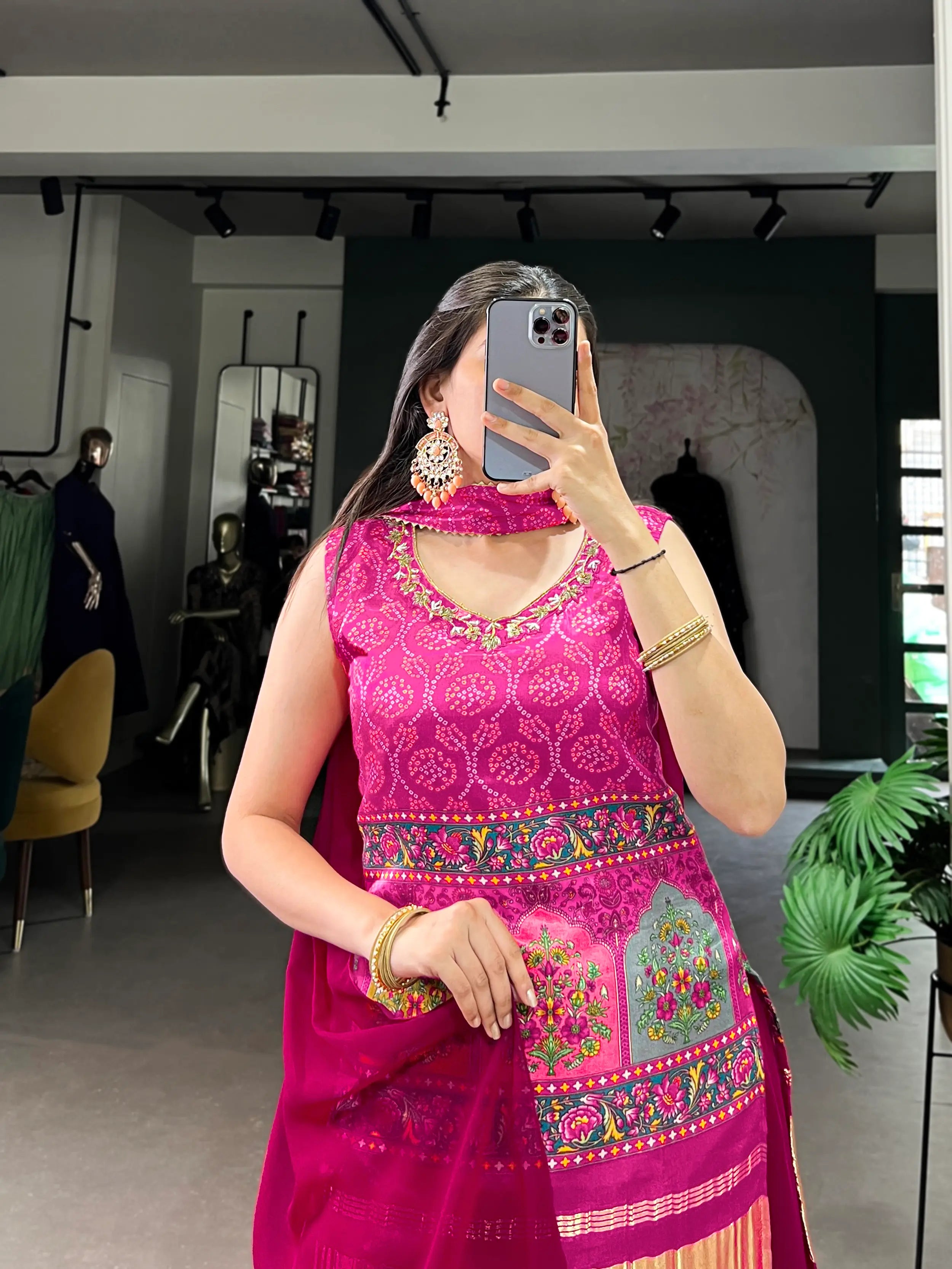 Dark Pink Gaji Silk Palazzo Salwar Suit With Print & Hand Work