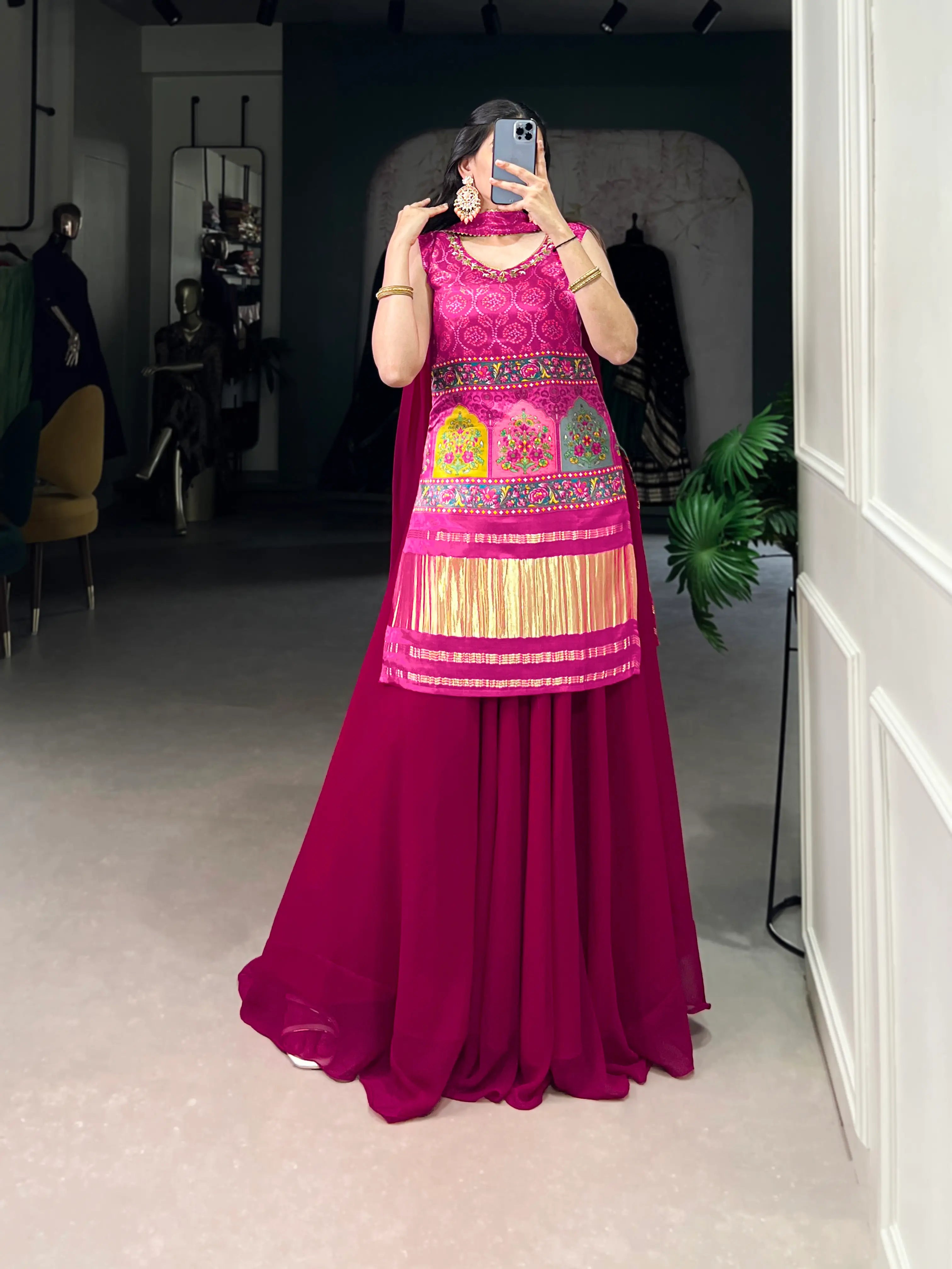 Dark Pink Gaji Silk Palazzo Salwar Suit With Print & Hand Work