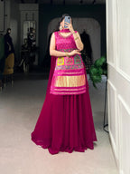 Dark Pink Gaji Silk Palazzo Salwar Suit With Print & Hand Work