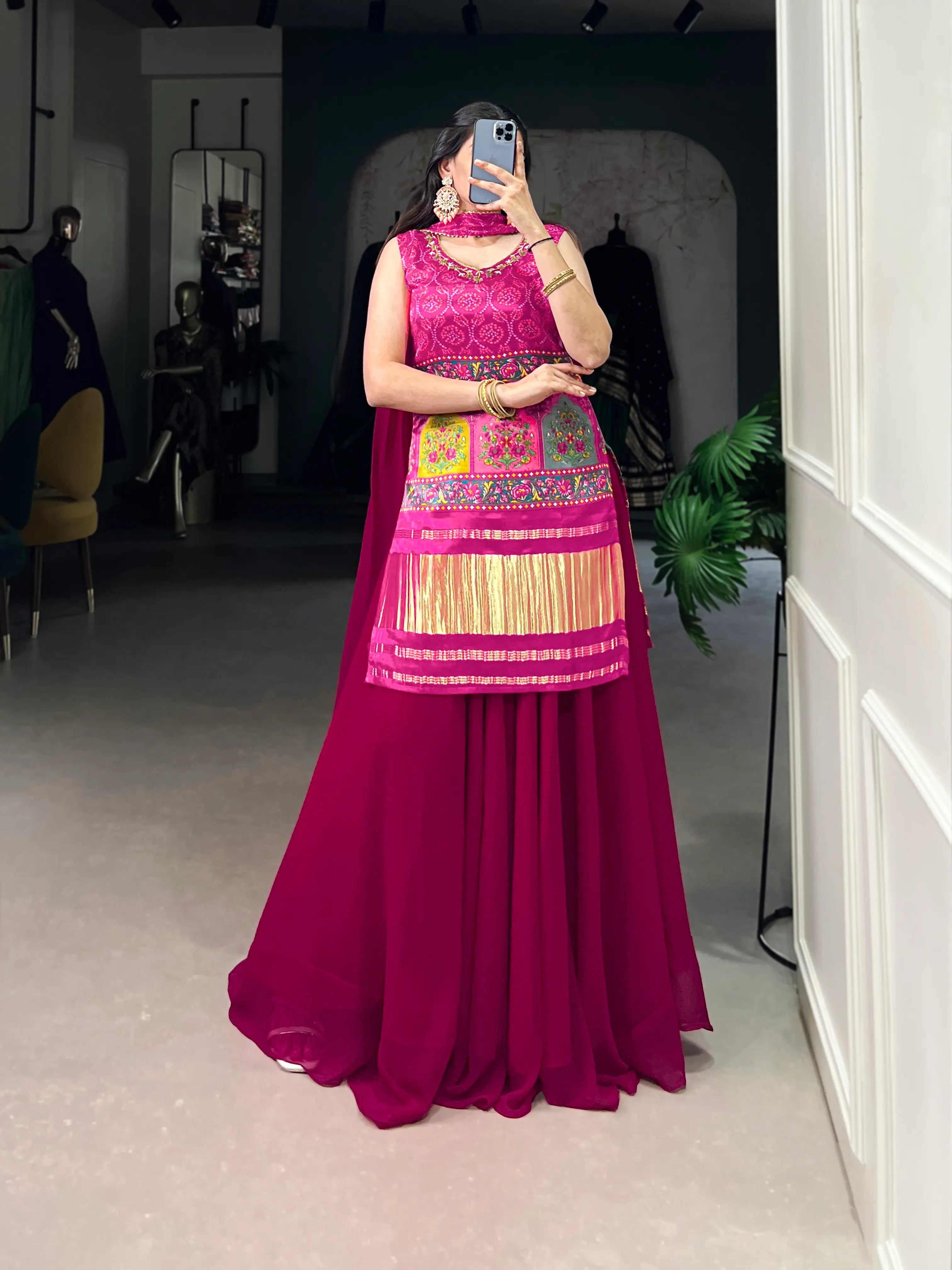 Dark Pink Gaji Silk Palazzo Salwar Suit With Print & Hand Work