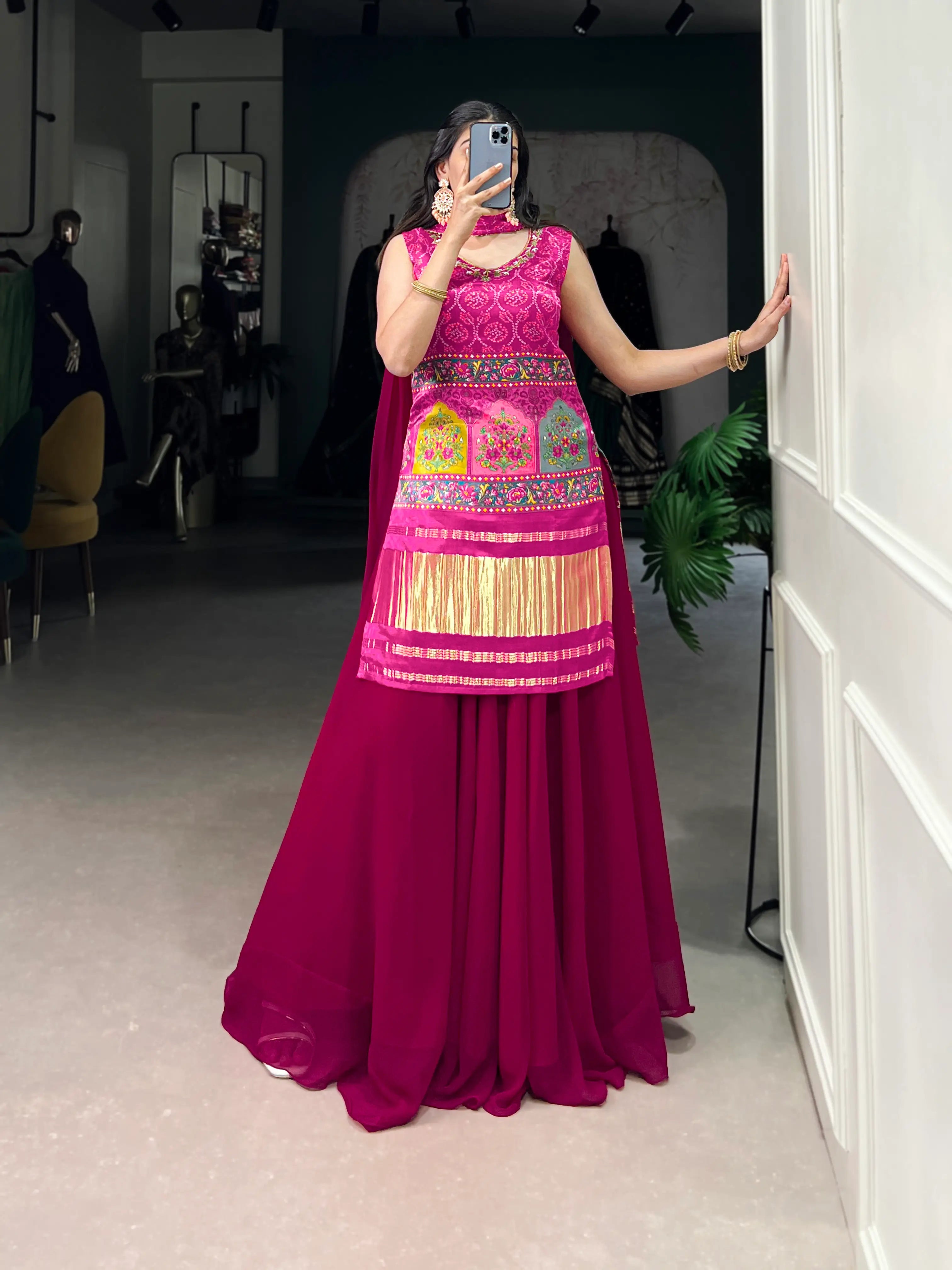 Dark Pink Gaji Silk Palazzo Salwar Suit With Print & Hand Work