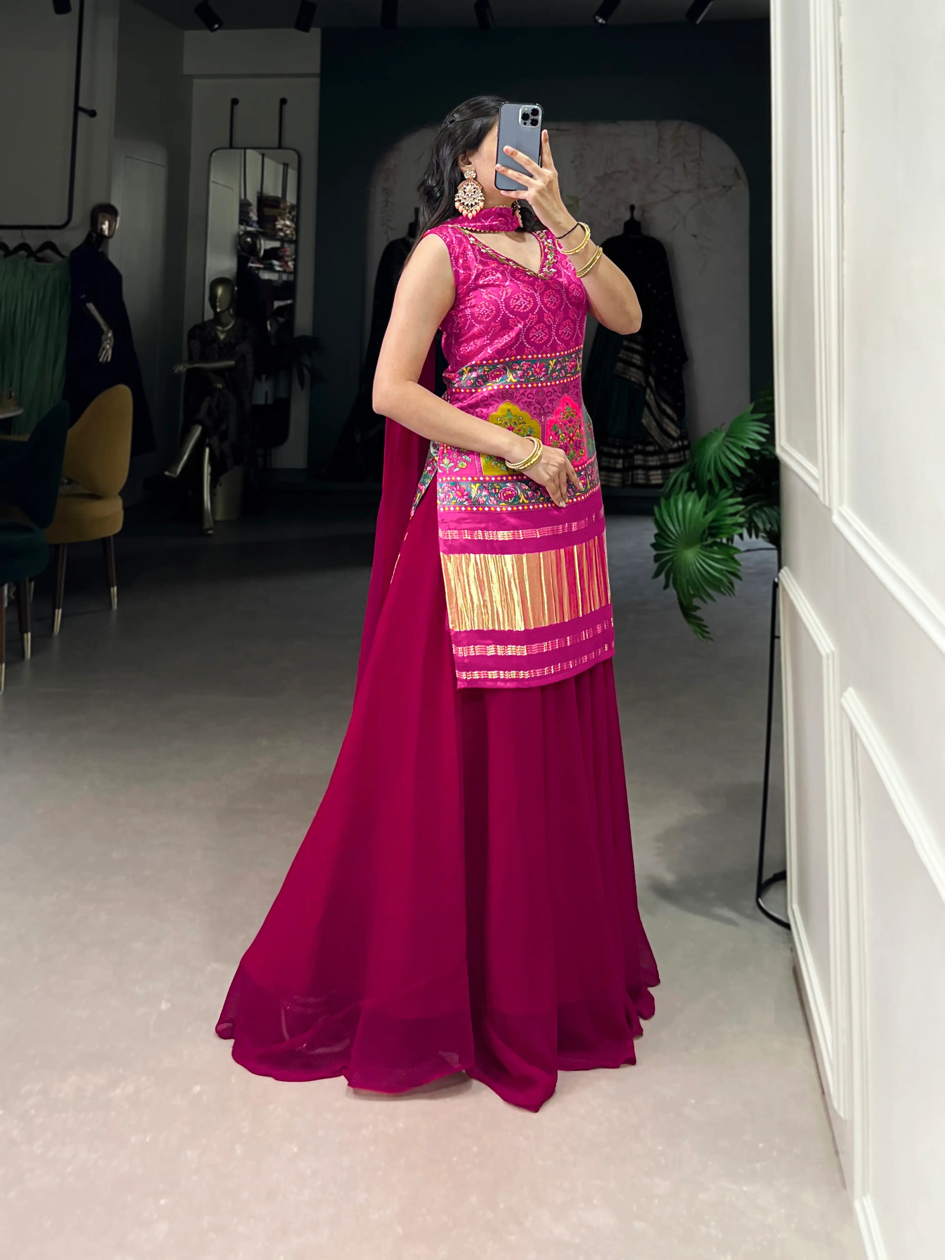 Dark Pink Gaji Silk Palazzo Salwar Suit With Print & Hand Work