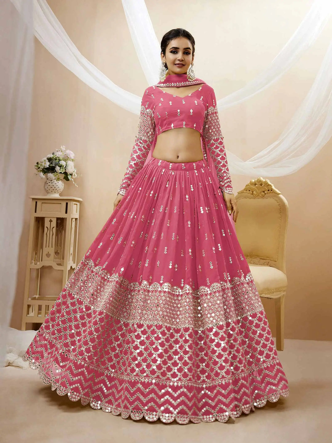 Light Pink Georgette Lehenga With Sequence And Zari Embroidery Work | Ready To Wear - qivii