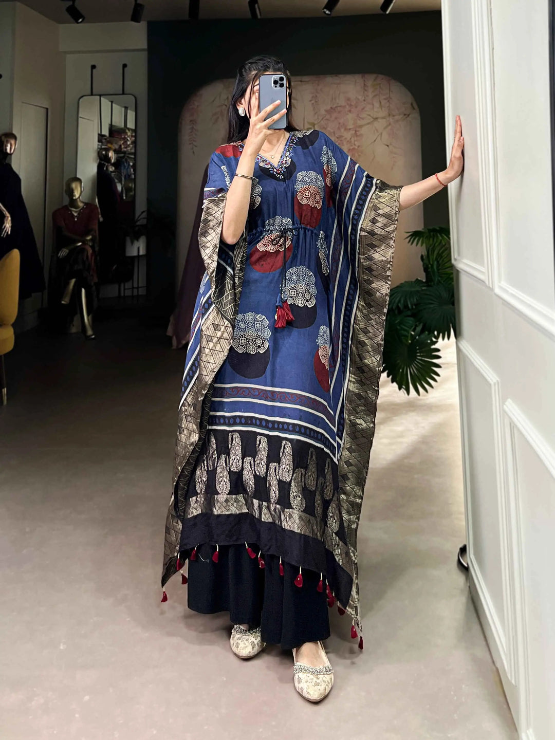 Blue Real Mirror And Hand Work With Zari Border Kaftan - qivii