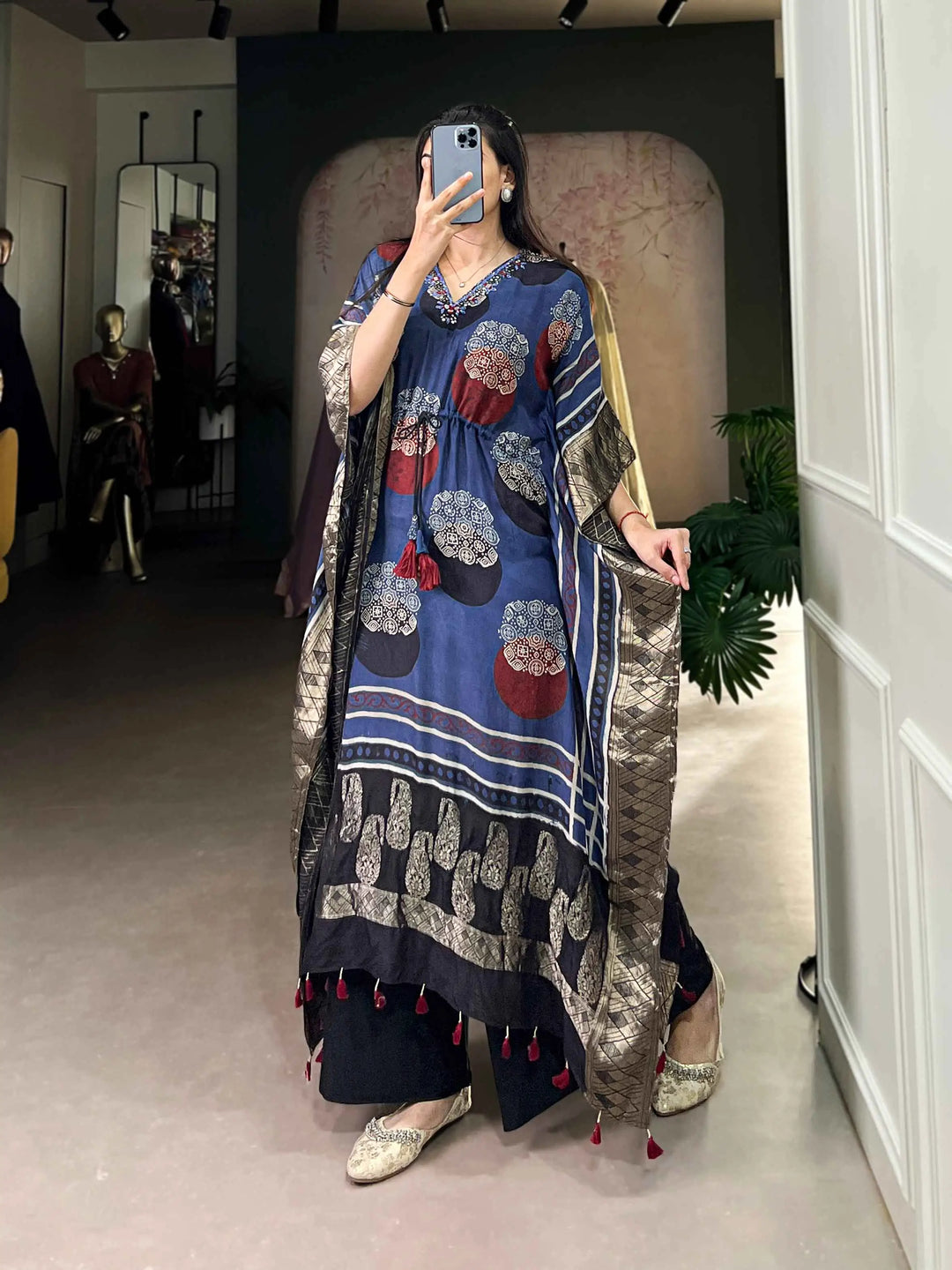 Blue Real Mirror And Hand Work With Zari Border Kaftan - qivii