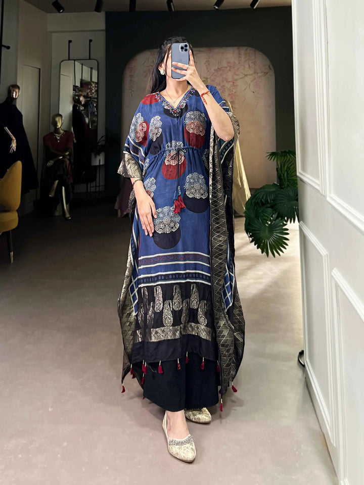 Blue Real Mirror And Hand Work With Zari Border Kaftan - qivii