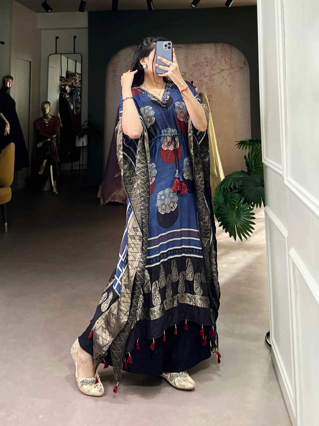 Blue Real Mirror And Hand Work With Zari Border Kaftan - qivii
