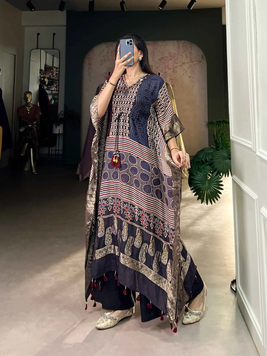 Multi Color Real Mirror Hand Work With Zari Border Kaftan - qivii