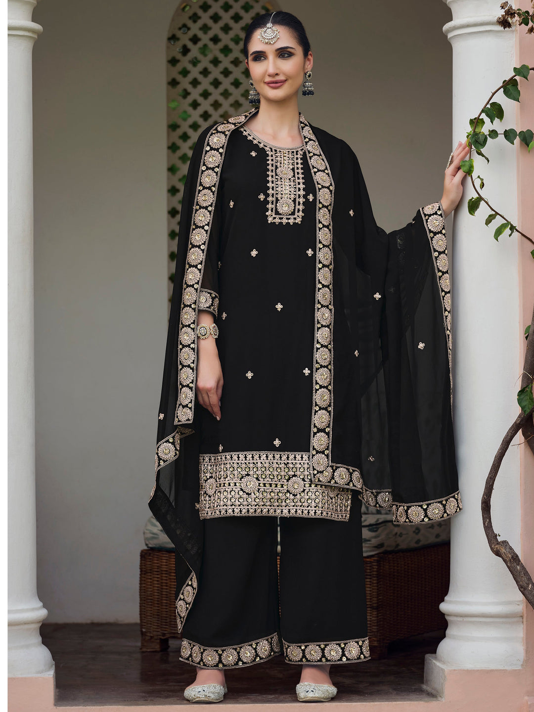 Alluring Black Georgette Palazzo Suit With Dupatta featuring intricate sequin and embroidered work, perfect for special occasions and events