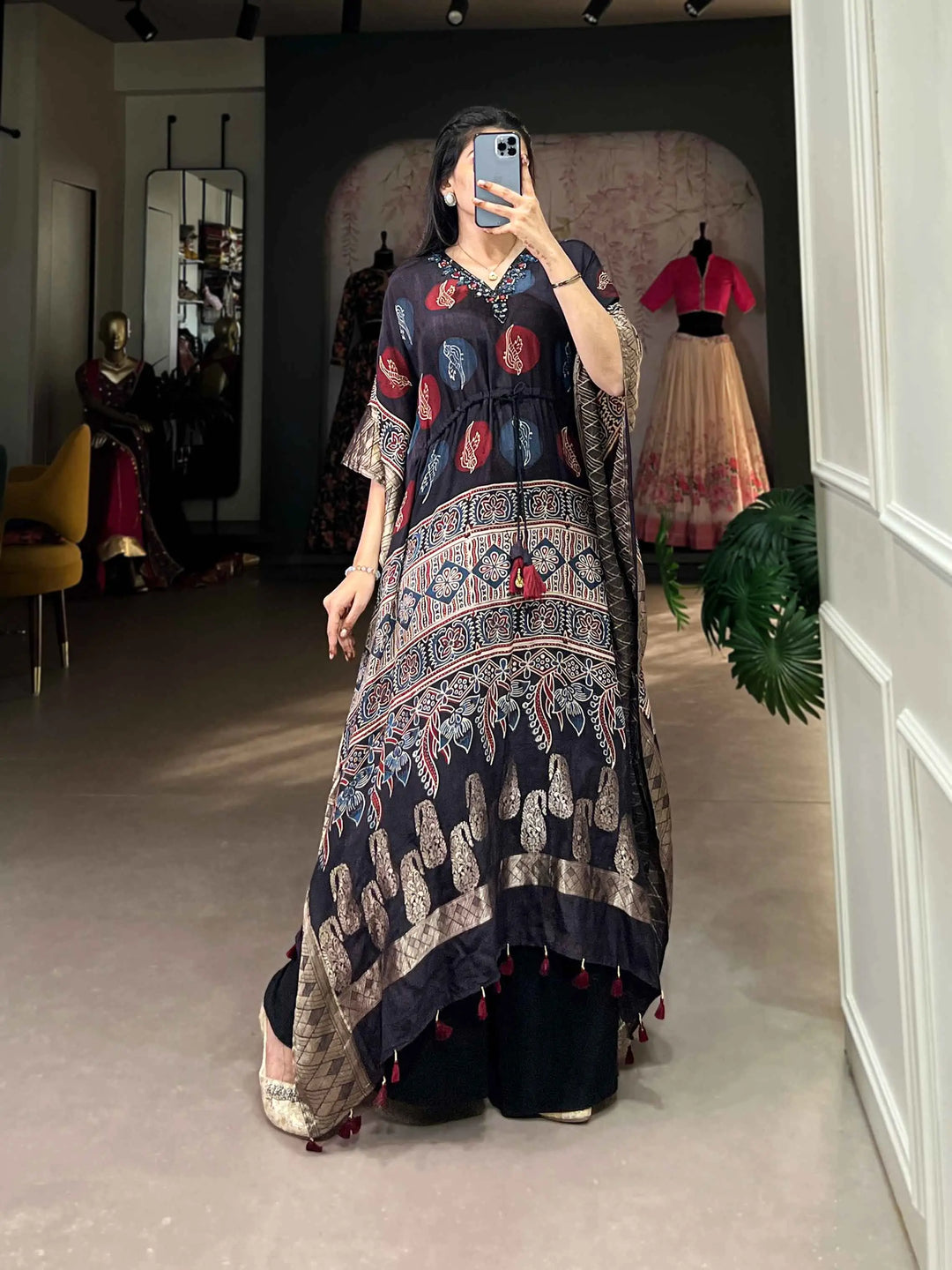 Black Real Mirror And Hand Work With Zari Border Kaftan - qivii