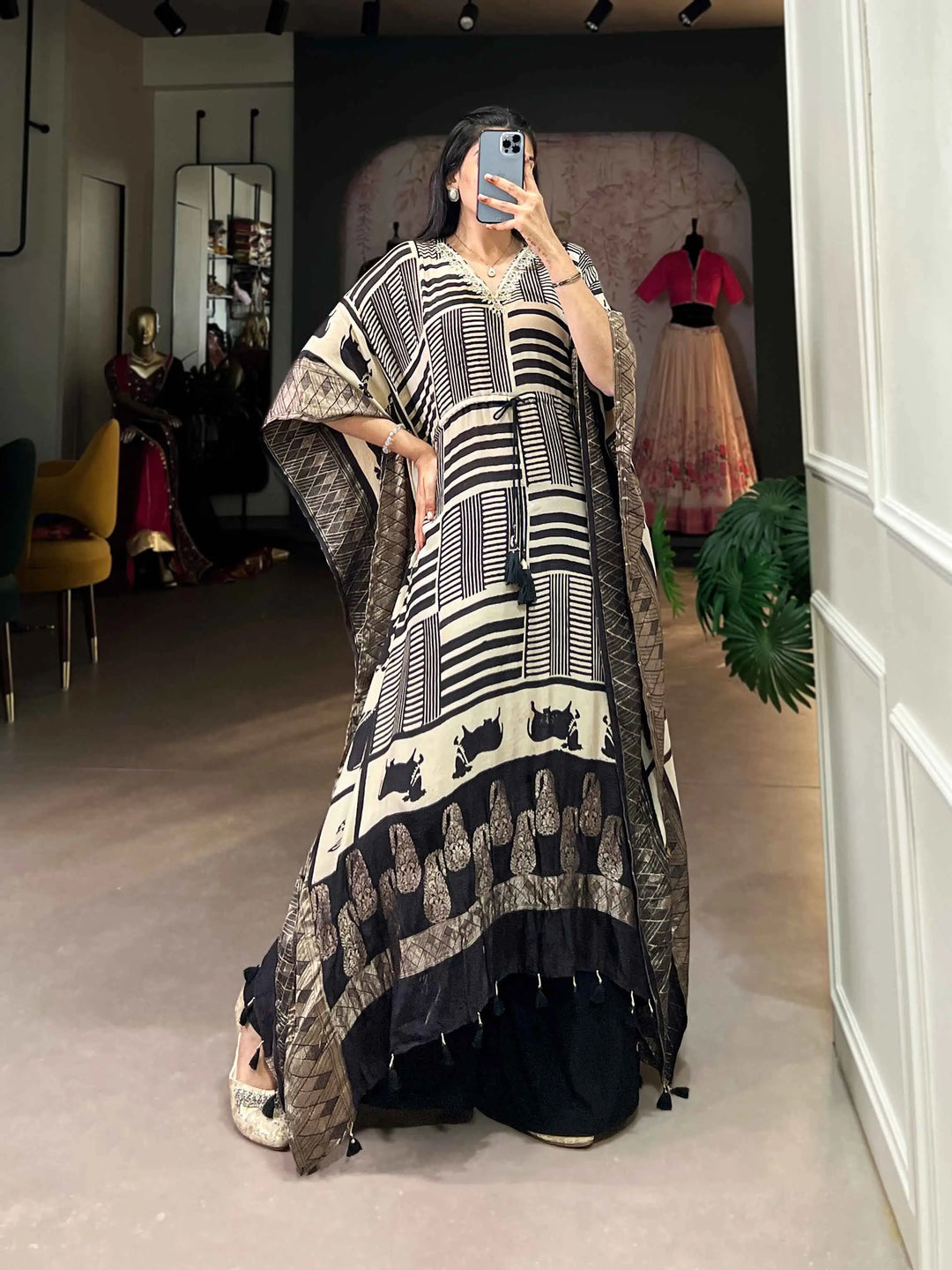 Cream Real Mirror And Hand Work With Zari Border Kaftan - qivii